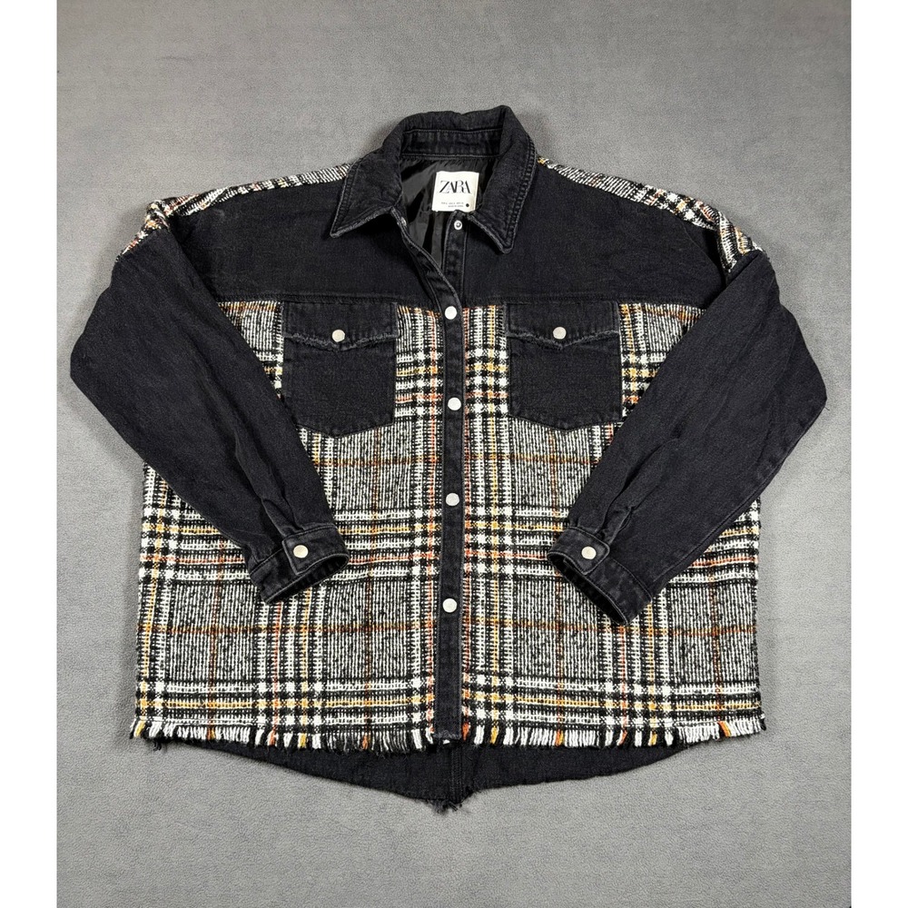 Zara Shacket Women S Black Plaid Tweed Denim Mixed Media Raw Hem Button Front